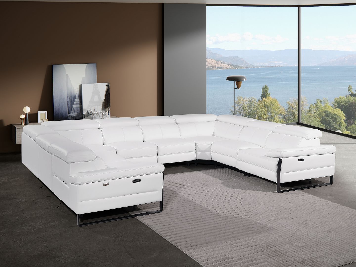 1246 Divanitalia 8-Piece U-Shaped Modular Power Reclining Sectional Sofa with 4 Power Recliners and Power Headrests - Top Grain Italian Leather - Black