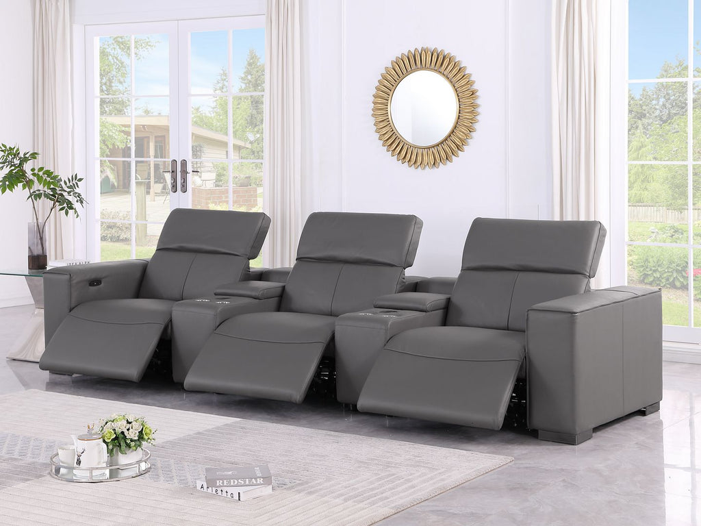1208 Leather Sofa with 3 Power Recliners and Two Storage Consoles