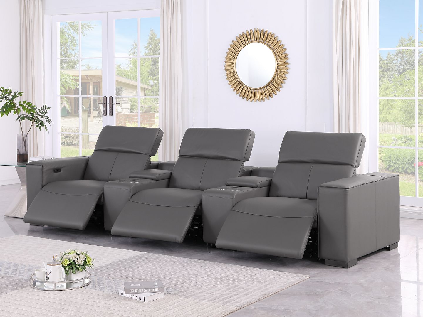 1208 Leather Sofa with 3 Power Recliners and Two Storage Consoles
