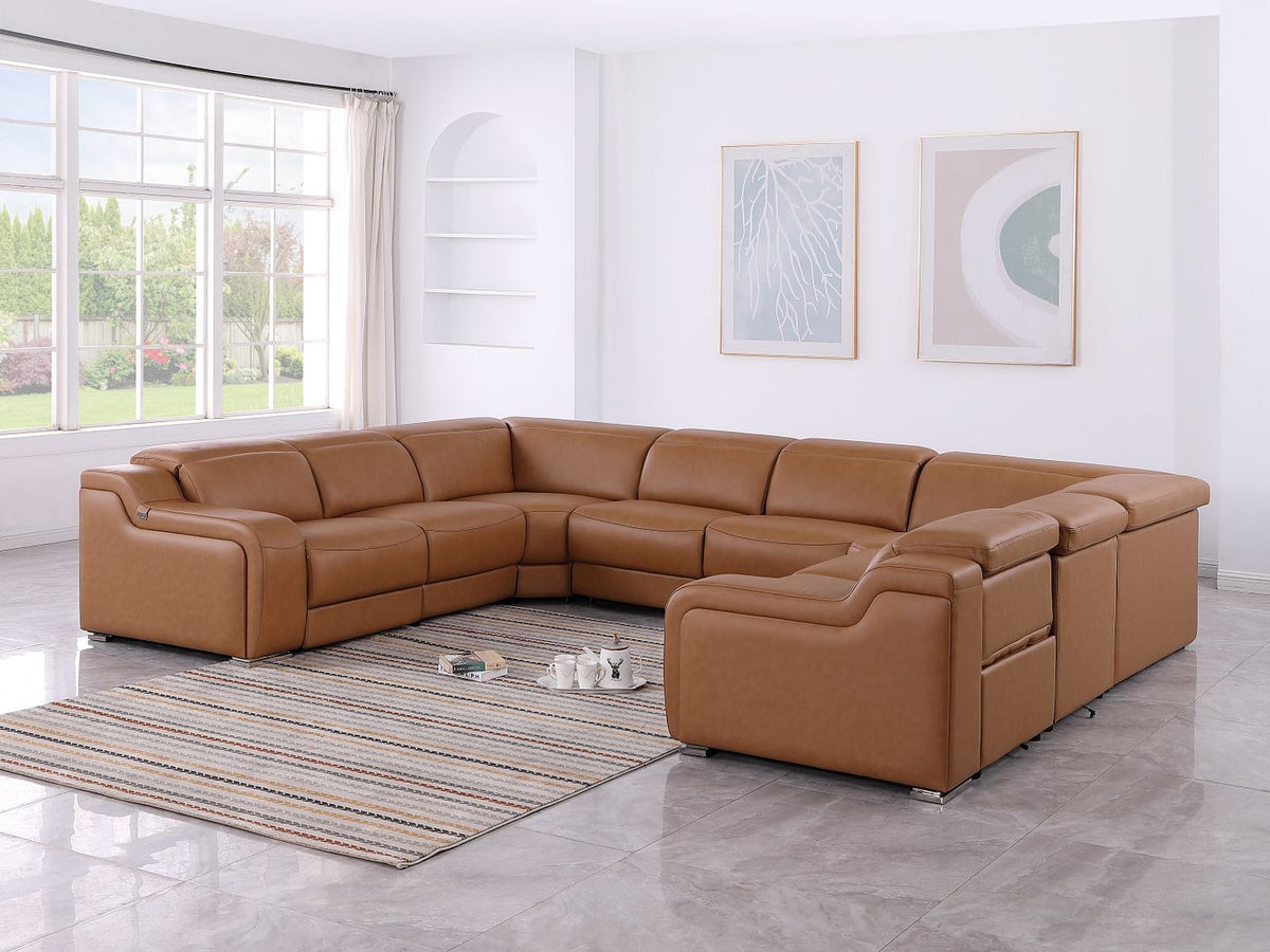 1116 Divanitalia 8-Piece U-Shaped Sectional Sofa in Top Grain Italian Leather with 4 Power Recliners & Power Headrests - Cognac - SKU 1116-COGNAC-8PC-4PWR-U-NC-SECTIONAL-GROUP