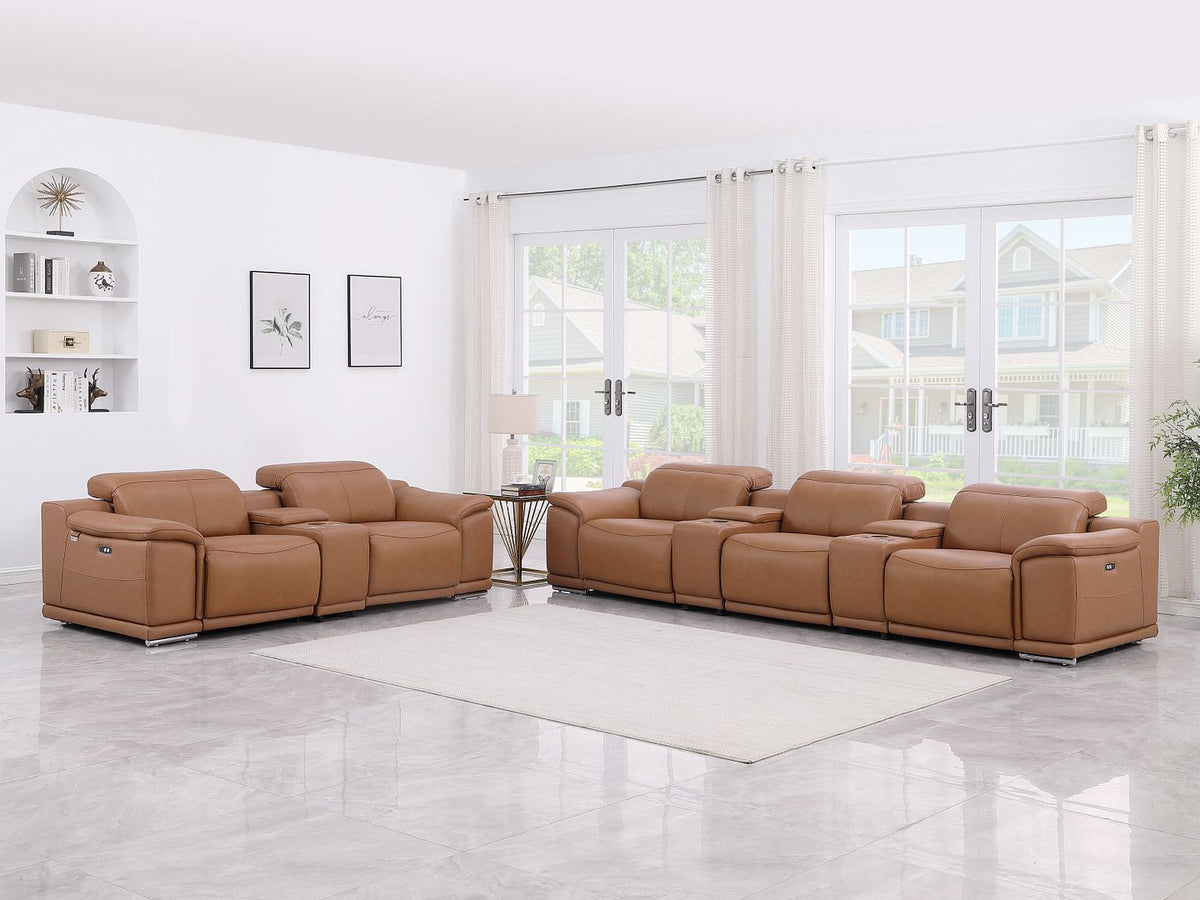 9762 Divanitalia 8-Piece Modular Power Reclining Sofa and Console Loveseat Set with Top Grain Italian Leather - Cognac - SKU 9762-COGNAC-8.5-HT