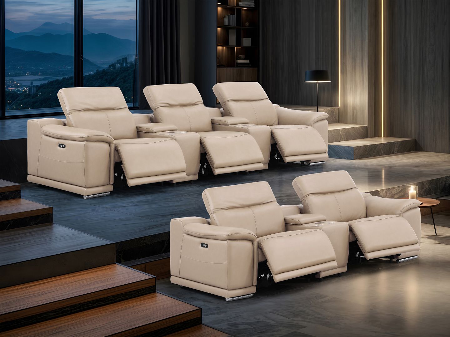 2679 Power Reclining Sofa and Loveseat in Genuine Leather - 5 Recliners with Power Headrests & 3 Consoles - Beige