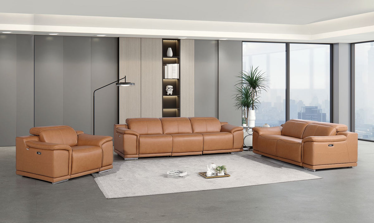 9762 Divanitalia 6-Piece Modular Power Reclining Sofa, Loveseat and Chair Set with 6 Power Recliners in Top Grain Italian Leather - Cognac - SKU 9762-COGNAC-6.6-HT-3PC