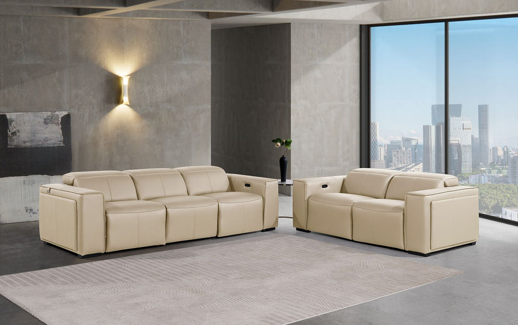1224 Divanitalia 5-Piece Modular Power Reclining Sofa and Loveseat Set in Top Grain Italian Leather with 4 Power Recliners & Power Headrests - Beige - SKU 1224-BEIGE-5.4-HT-2PC