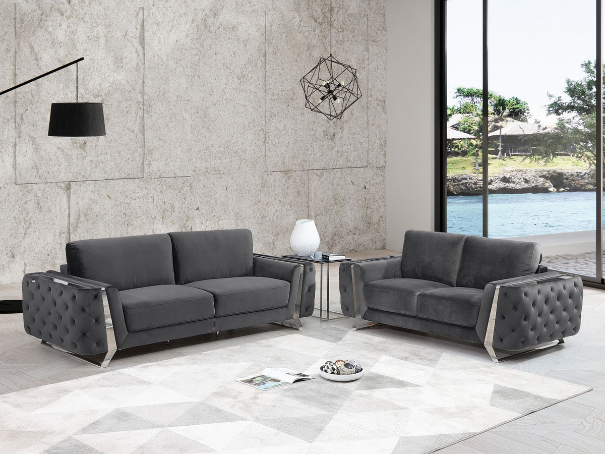 1051 Divanitalia Beige 3-Piece Sofa Set in Velvet Fabric - Dark Grey - SKU 1051-DK-GRAY-2PC