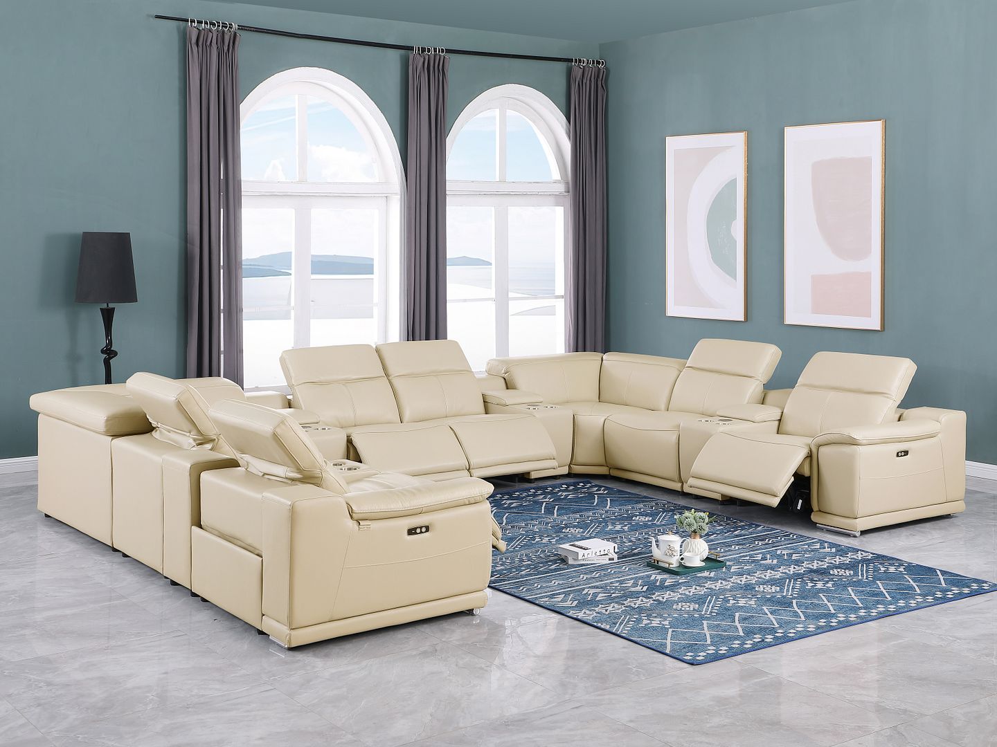 9762 Divanitalia 12-Piece U-Shaped Top Grain Italian Leather Sectional Sofa with 4 Power Recliners