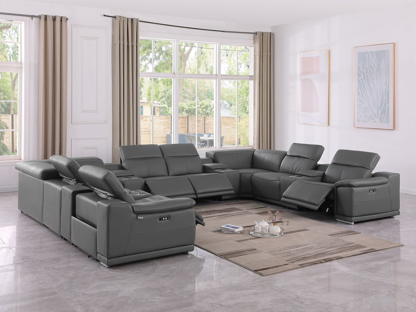 9762 Divanitalia 12-Piece U-Shaped Top Grain Italian Leather Sectional Sofa with 4 Power Recliners