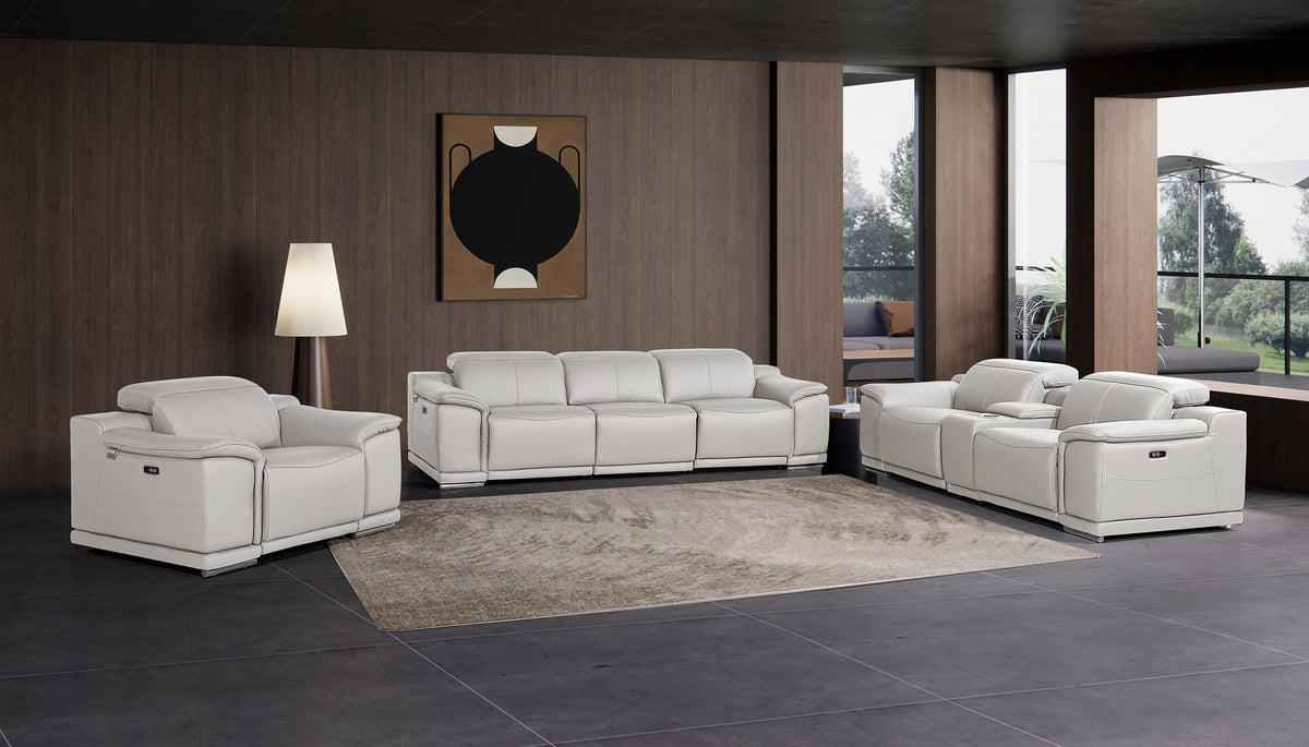 9762 Divanitalia 7-Piece Modular Power Reclining Sofa, Loveseat and Chair Set with 5 Power Recliners in Top Grain Italian Leather - Light Grey - SKU 9762-LT-GREY-7.5-HT-3PC