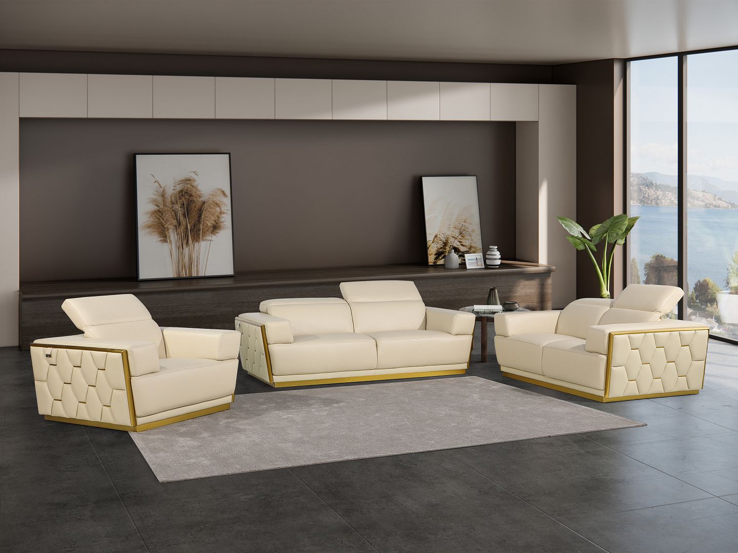 1111 Divanitalia 3-Piece Sofa Set with Adjustable Headrest in Top-grain Italian Leather - Cream - SKU 1111-BEIGE-3PC