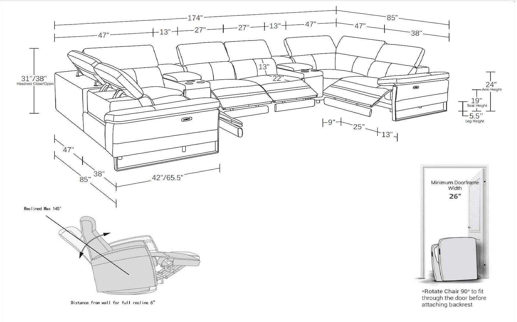 1246 Divanitalia 8-Piece U-Shaped Modular Power Reclining Sectional Sofa with 4 Power Recliners and Power Headrests - Top Grain Italian Leather
