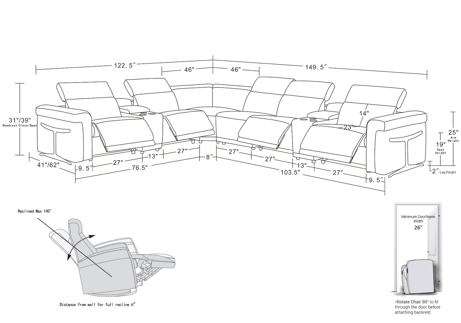 1126 Divanitalia 8-Piece L-Shaped Sectional Sofa in Top Grain Italian Leather with 4 Power Recliners & Power Headrests