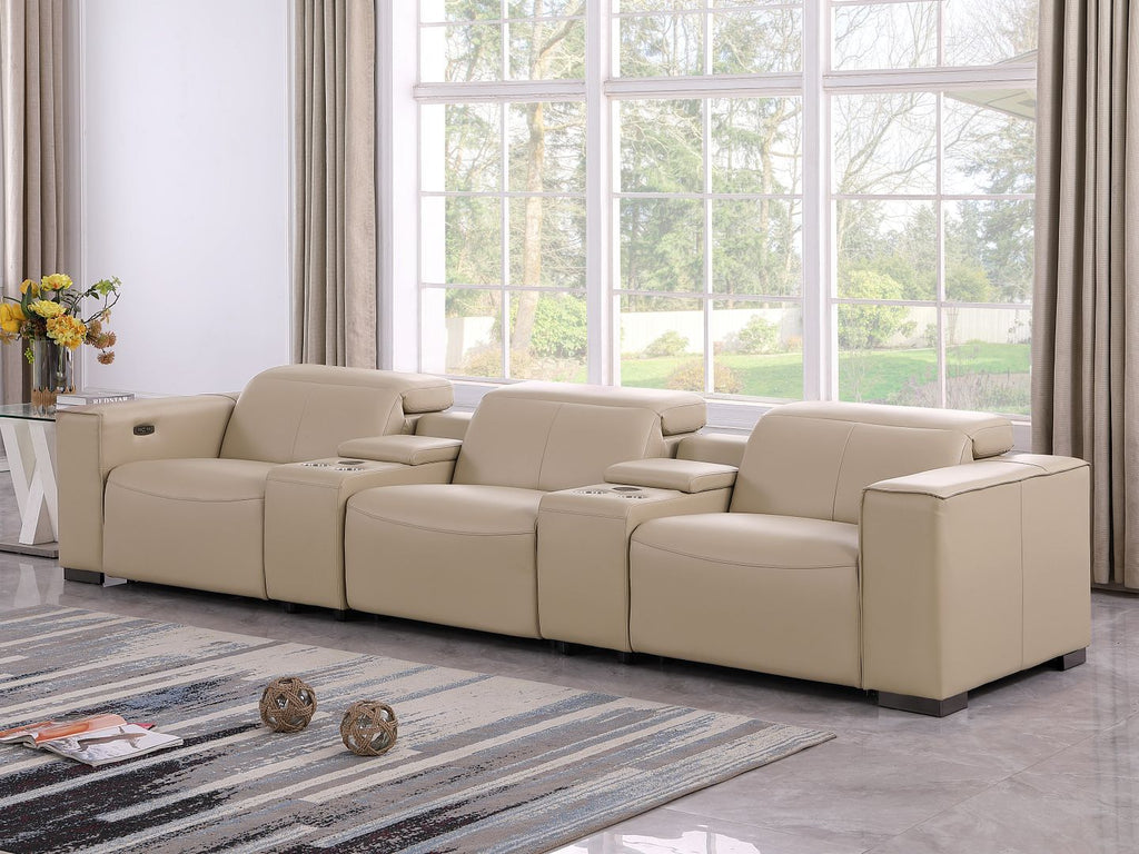 1208 Leather Sofa with 3 Power Recliners and Two Storage Consoles - Beige
