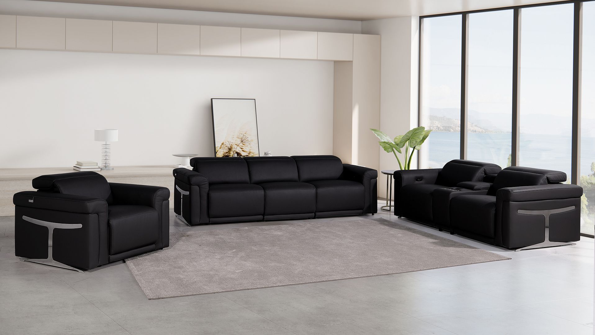 1126 Divanitalia 7-Piece Modular Power Reclining Sofa, Loveseat & Chair Set in Top Grain Italian Leather with 5 Power Recliners & Power Headrests - Black - SKU 1126-BLACK-7.5-HT-3PC