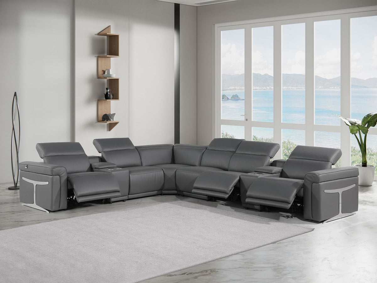1126 Divanitalia 8-Piece L-Shaped Sectional Sofa in Top Grain Italian Leather with 3 Power Recliners & Power Headrests - Dark Grey - SKU 1126-DK-GREY-SEC-8PC-3PWR-SECTIONAL-GROUP