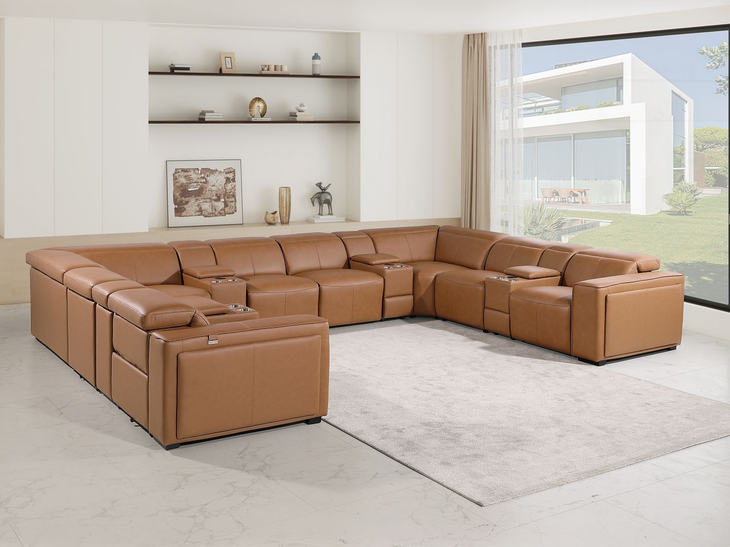 1224 Divanitalia 12-Piece U-Shaped Sectional Sofa in Top Grain Italian Leather with 4 Power Recliners & Power Headrests - Cognac