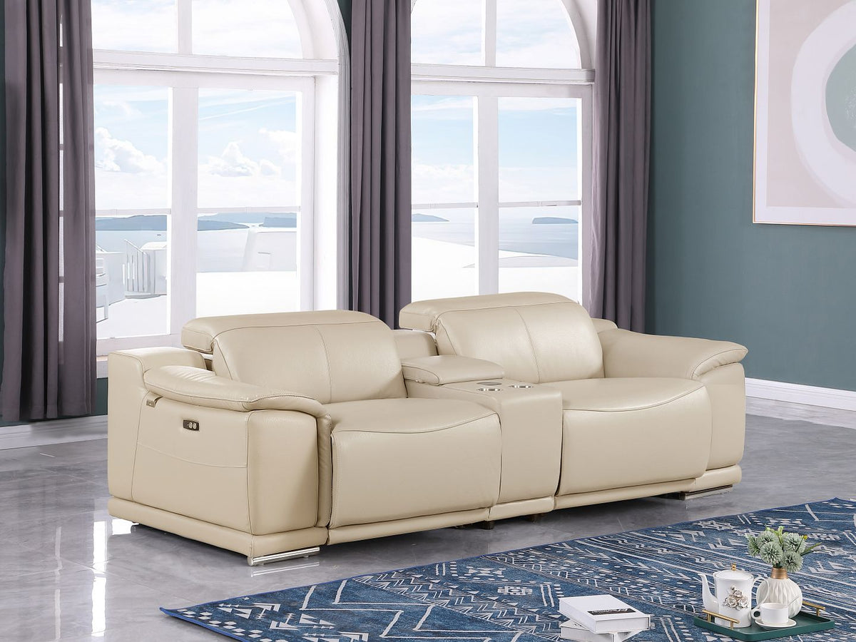 9762 Divanitalia 3-Piece Modular Power Reclining Console Loveseat with 2 Power Recliners in Top Grain Italian Leather - Beige - SKU 9762-BEIGE-3.2-HT