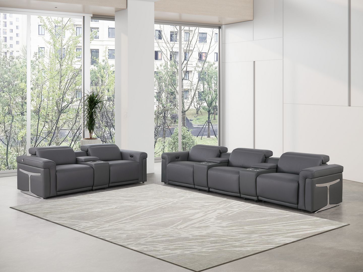 1126 Divanitalia 8-Piece Modular Power Reclining Sofa & Loveseat Set in Top Grain Italian Leather with 5 Power Recliners & Power Headrests - Dark Grey