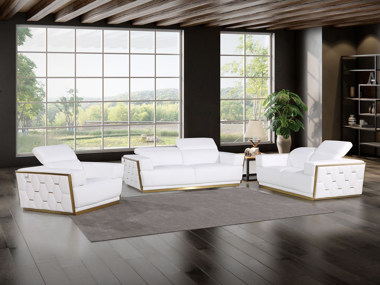 1111 Divanitalia 3-Piece Sofa Set with Adjustable Headrest in Top-grain Italian Leather - White - SKU 1111-WHITE-3PC