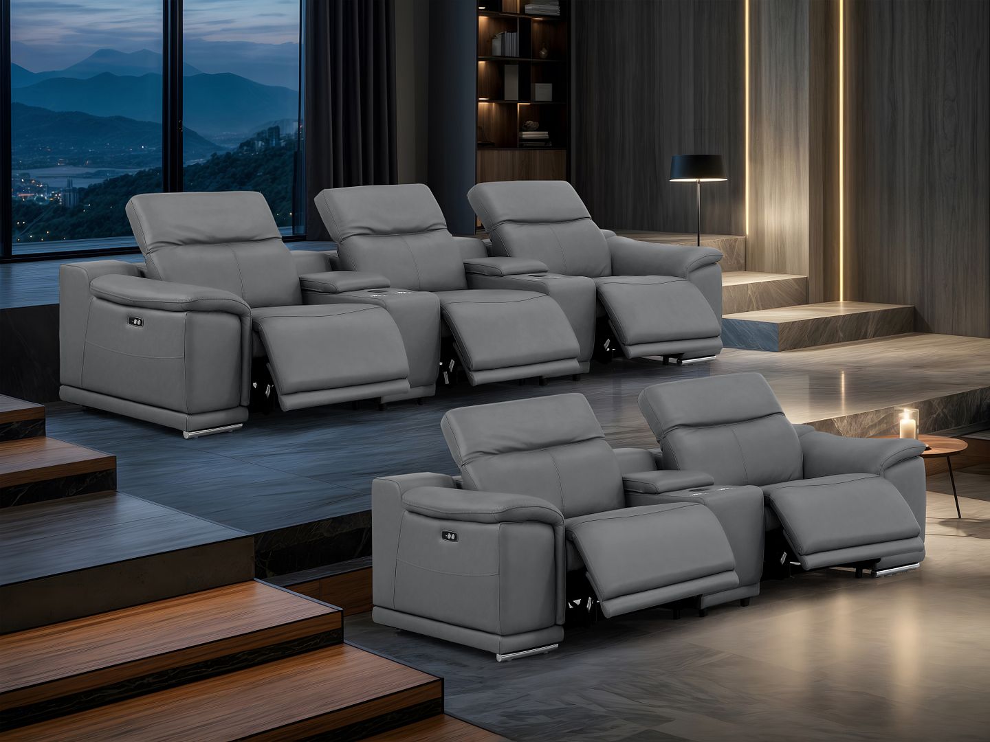 2679 Power Reclining Sofa and Loveseat in Genuine Leather - 5 Recliners with Power Headrests & 3 Consoles - Dark Grey