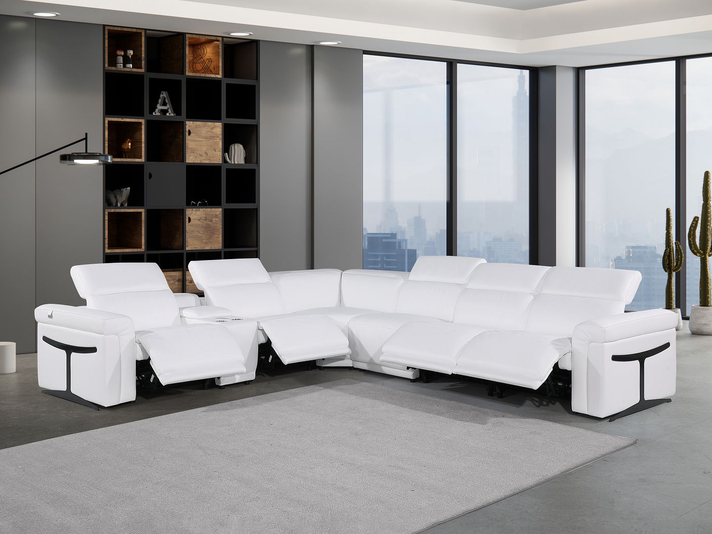 1126 Divanitalia 7-Piece L-Shaped Sectional Sofa in Top Grain Italian Leather with 4 Power Recliners & Power Headrests - White