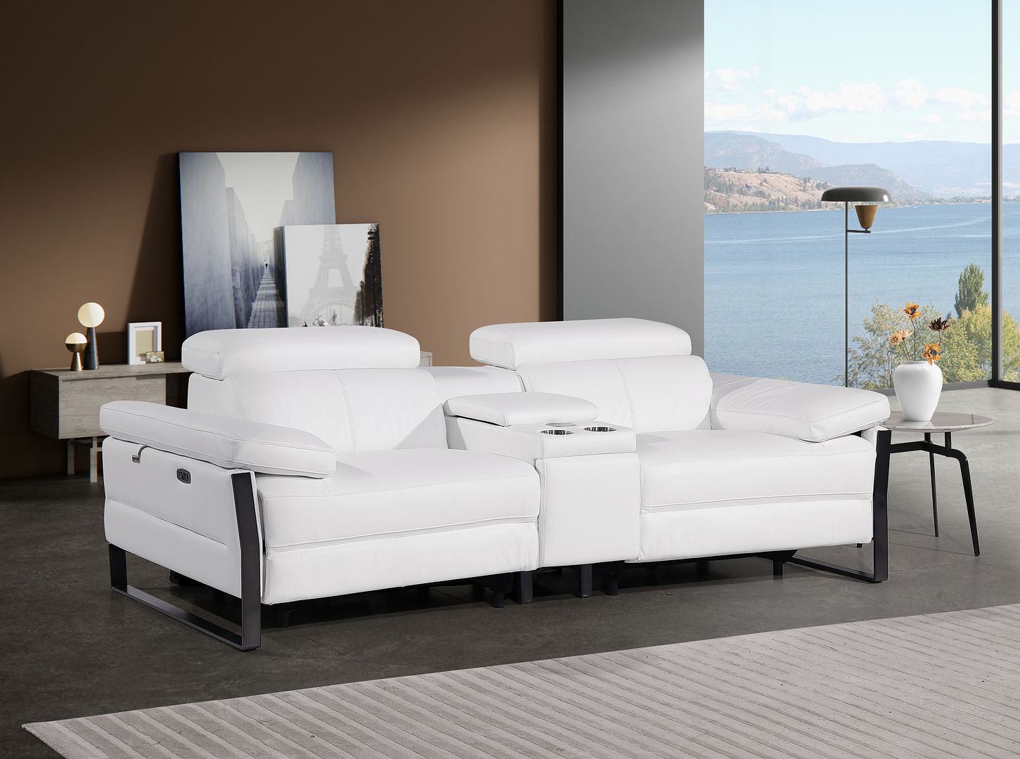 1246 Divanitalia Top Grain Italian Leather Console Loveseat with Power Headrest - White - SKU 1246-WHITE-3.2-HT