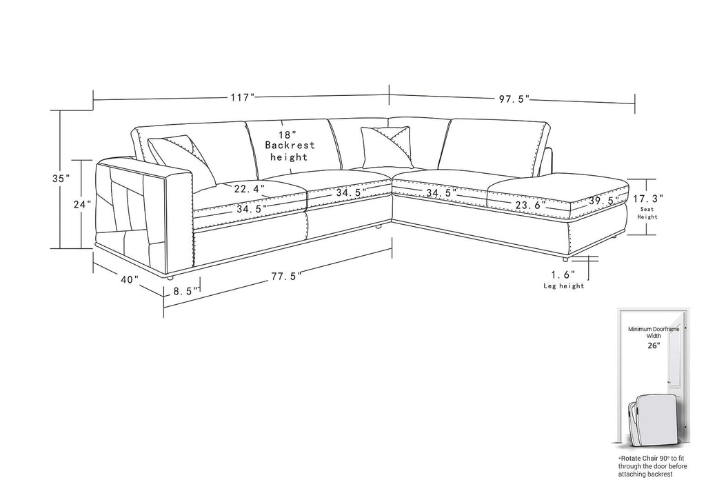 998 Divanitalia Cream Right Arm Facing Sectional Sofa in Top-grain Italian Leather