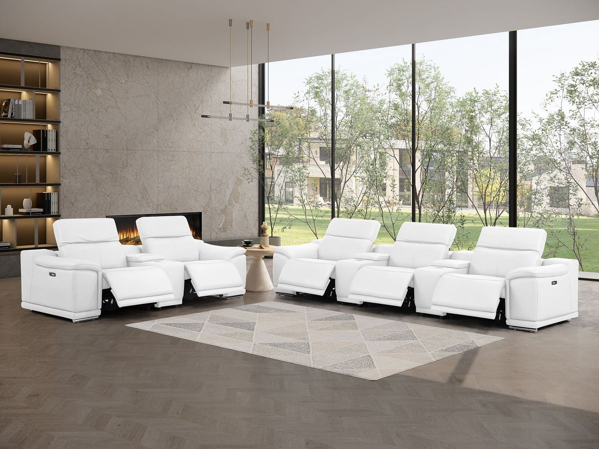 2679 Power Reclining Sofa and Loveseat in Genuine Leather - 5 Recliners with Power Headrests & 3 Consoles - White - SKU 2679-WHITE-8.5-HT-2PC - view 3