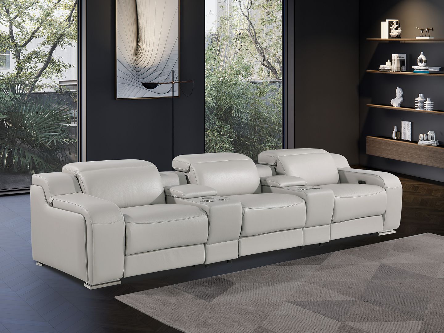 1116 Divanitalia 5-Piece Modular Power Reclining Sofa in Top Grain Italian Leather with 3 Power Recliners & Power Headrests - Light Grey