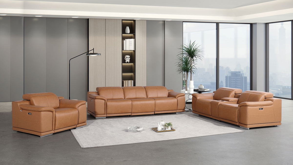 9762 Divanitalia 7-Piece Modular Power Reclining Sofa, Loveseat and Chair Set with 5 Power Recliners in Top Grain Italian Leather - Cognac - SKU 9762-COGNAC-7.5-HT-3PC