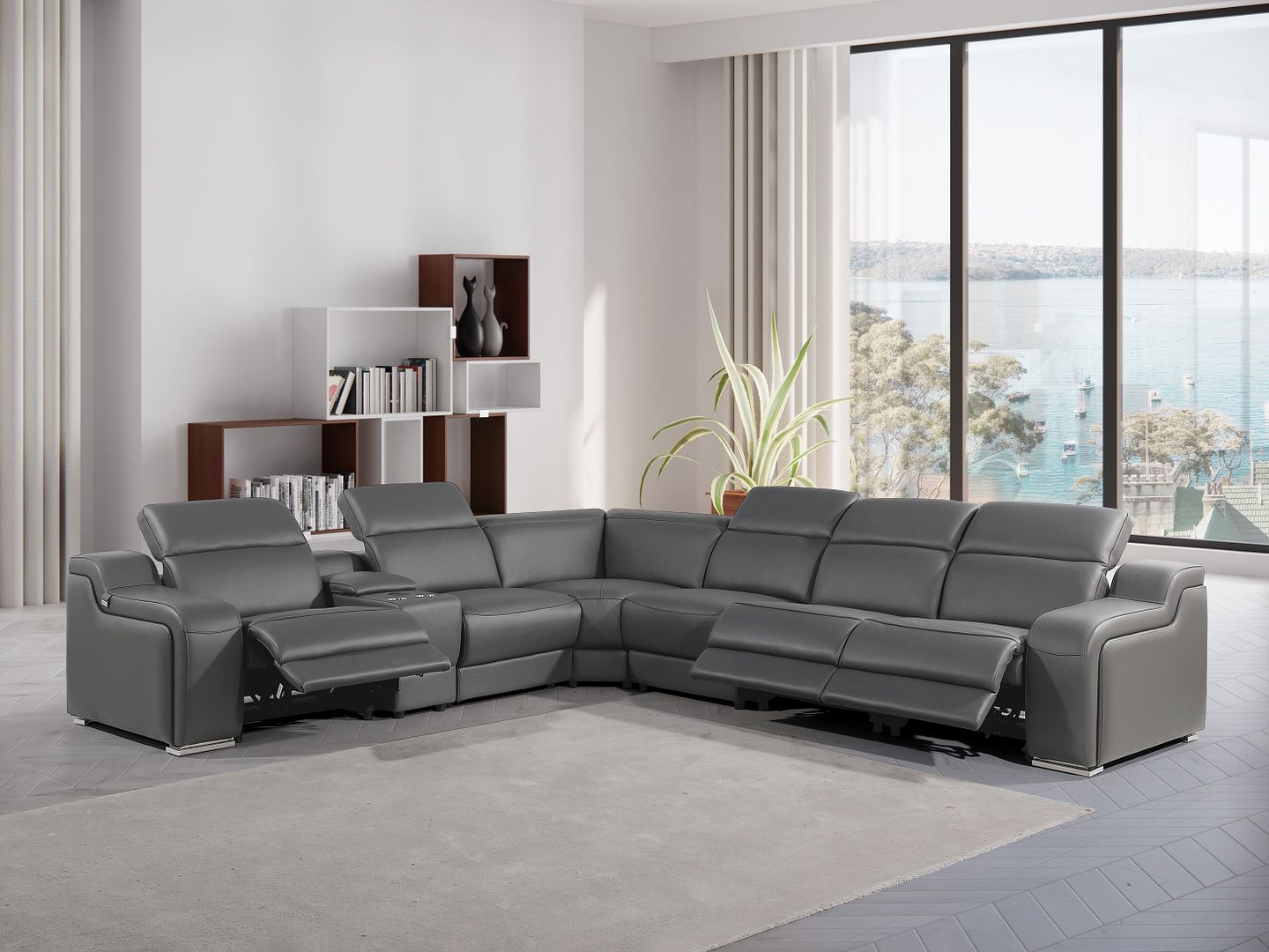 1116 Divanitalia 7-Piece L-Shaped Sectional Sofa in Top Grain Italian Leather with 3 Power Recliners & Power Headrests - Dark Grey