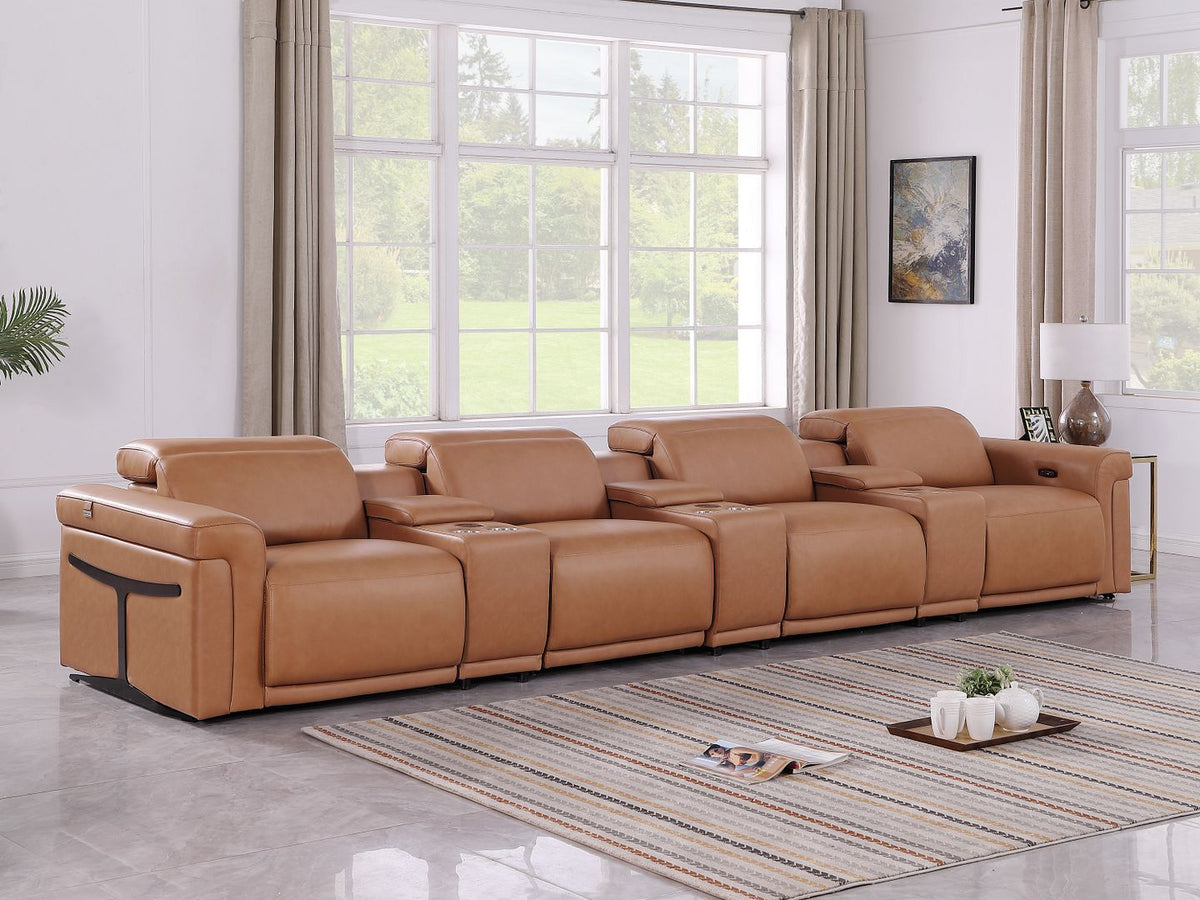 1126 Divanitalia 7-Piece Modular Power Reclining Sofa in Top Grain Italian Leather with 4 Power Recliners & Power Headrests - Cognac - SKU 1126-COGNAC-7.4-HT