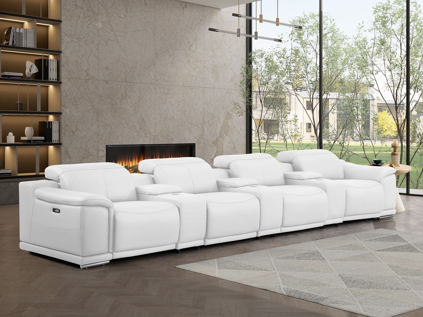 2679 Genuine Leather Sofa with 4 Power Recliners, Power Headrests & 3 Storage Consoles - White