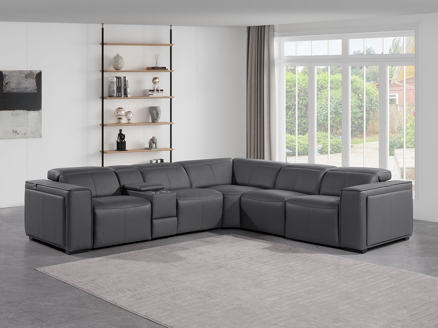 1224 Divanitalia 6-Piece L-Shaped Sectional Sofa in Top Grain Italian Leather with 3 Power Recliners & Power Headrests - Dark Grey