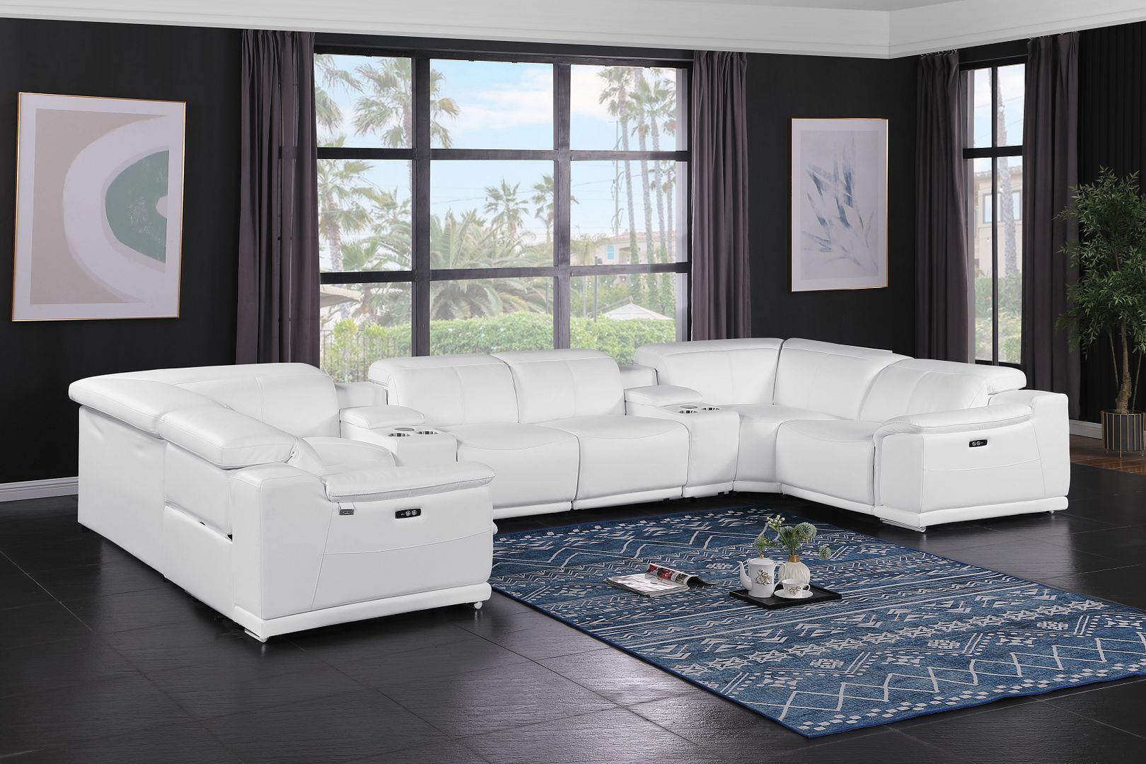 9762 Divanitalia 8-Piece U-Shaped Top Grain Italian Leather Sectional Sofa with 4 Power Recliners - White
