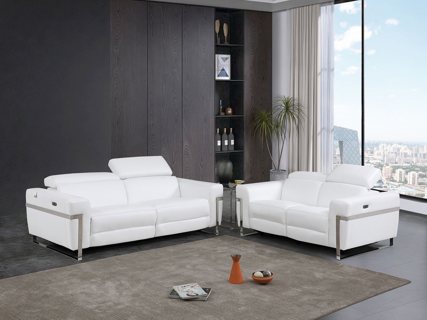 990 Divanitalia Power Reclining 2-Piece Sofa Set with Power Headrest in Top-grain Italian Leather - White
