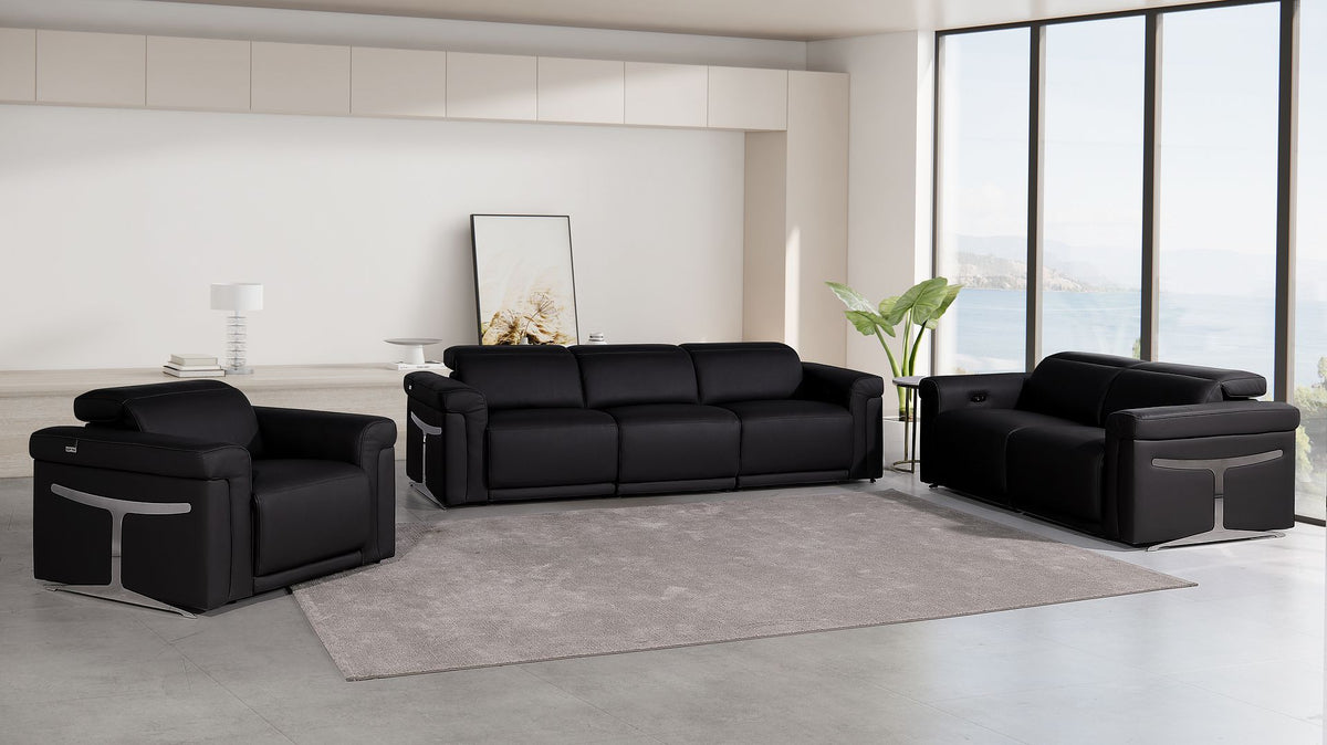 1126 Divanitalia 6-Piece Modular Power Reclining Sofa, Loveseat & Chair Set in Top Grain Italian Leather with 5 Power Recliners & Power Headrests - Black - SKU 1126-BLACK-6.5-HT-3PC