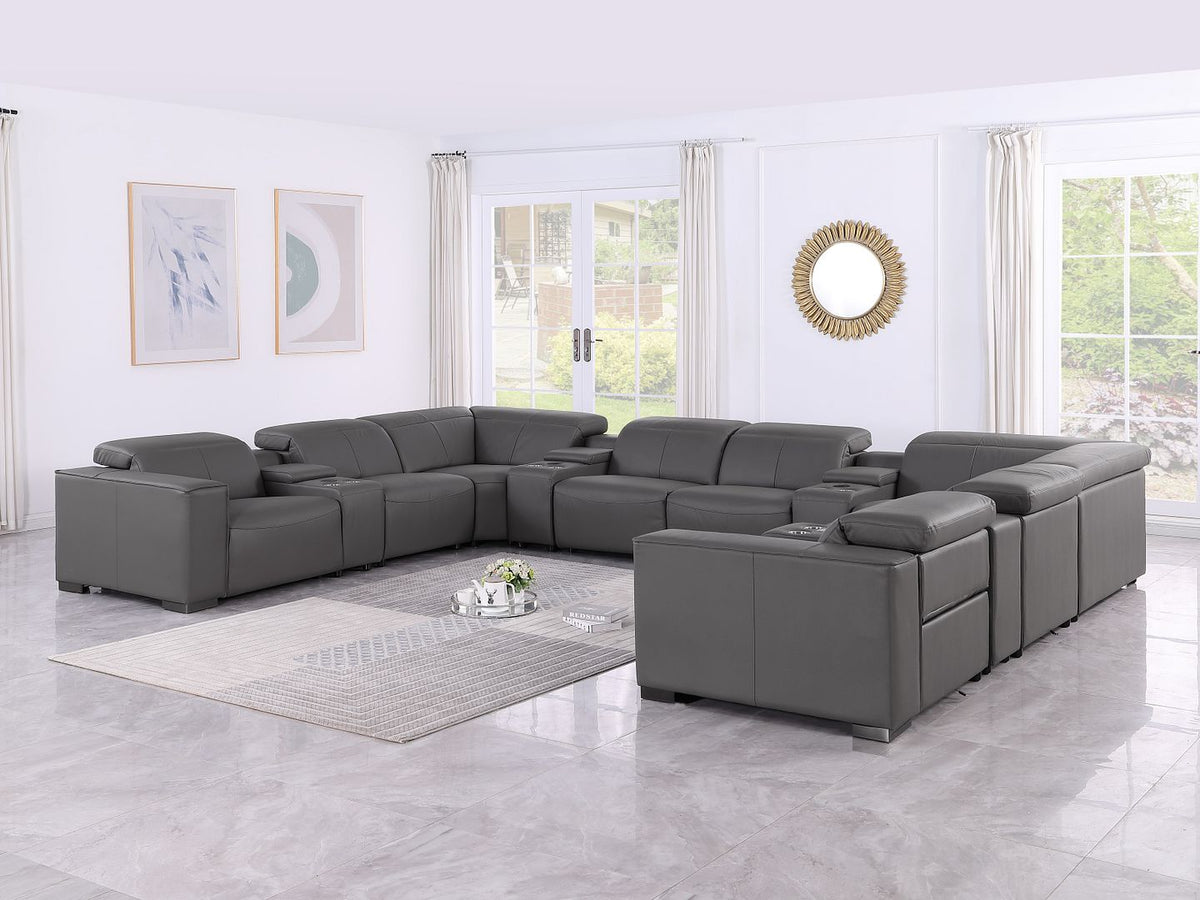 1208 12 Piece U-Shaped Leather Sectional Sofa with 4 Power Recliners & Power Headrest - Dark Grey - SKU 1208-DK-GREY-12PC-4PWR-U-SECTIONAL-GROUP