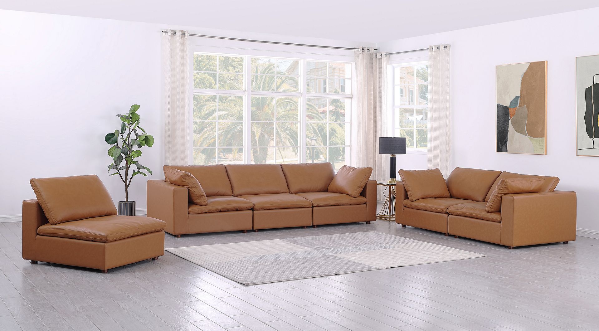 1100 Divanitalia 3-Piece Sofa Set - Top-grain Italian Leather with Ottoman - Cognac