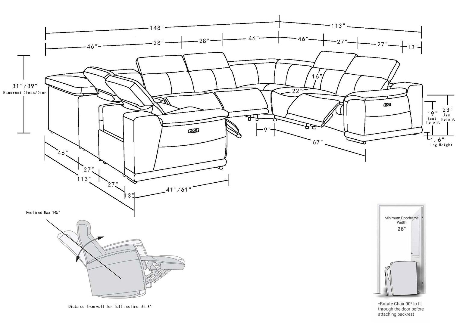 9762 Divanitalia 8-Piece U-Shaped Top Grain Italian Leather Sectional Sofa with 4 Power Recliners