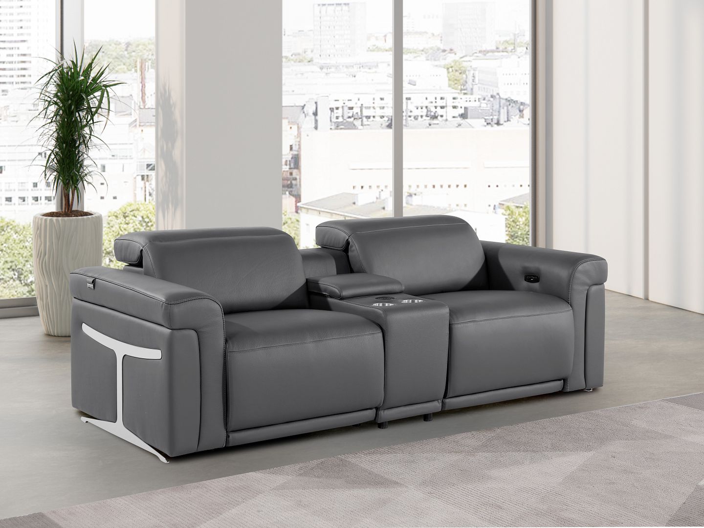 1126 Divanitalia 3-Piece Modular Power Reclining Loveseat in Top Grain Italian Leather with 2 Power Recliners & Power Headrests - Dark Grey