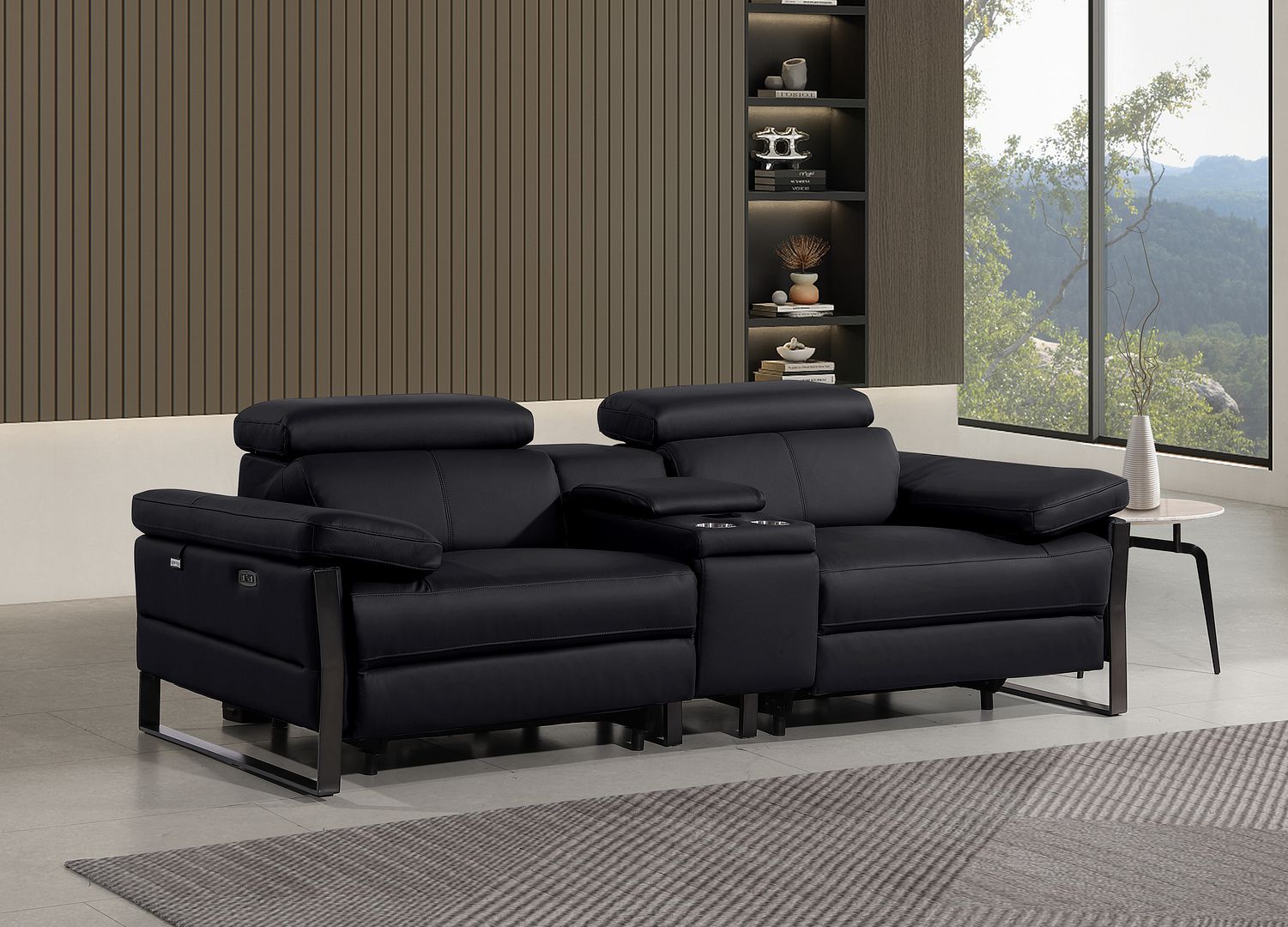 1246 Divanitalia Top Grain Italian Leather Console Loveseat with Power Headrest - Black - SKU 1246-BLACK-3.2-HT