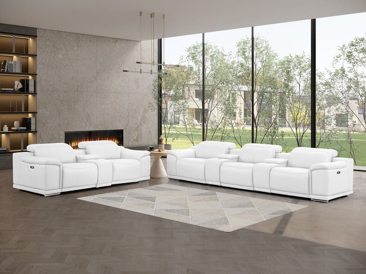 2679 Power Reclining Sofa and Loveseat in Genuine Leather - 5 Recliners with Power Headrests & 3 Consoles - White - SKU 2679-WHITE-8.5-HT-2PC - view 2