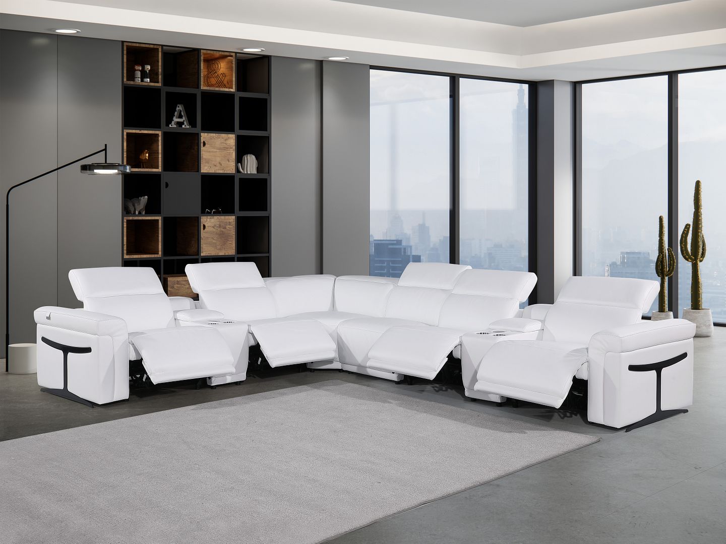 1126 Divanitalia 8-Piece L-Shaped Sectional Sofa in Top Grain Italian Leather with 4 Power Recliners & Power Headrests - White