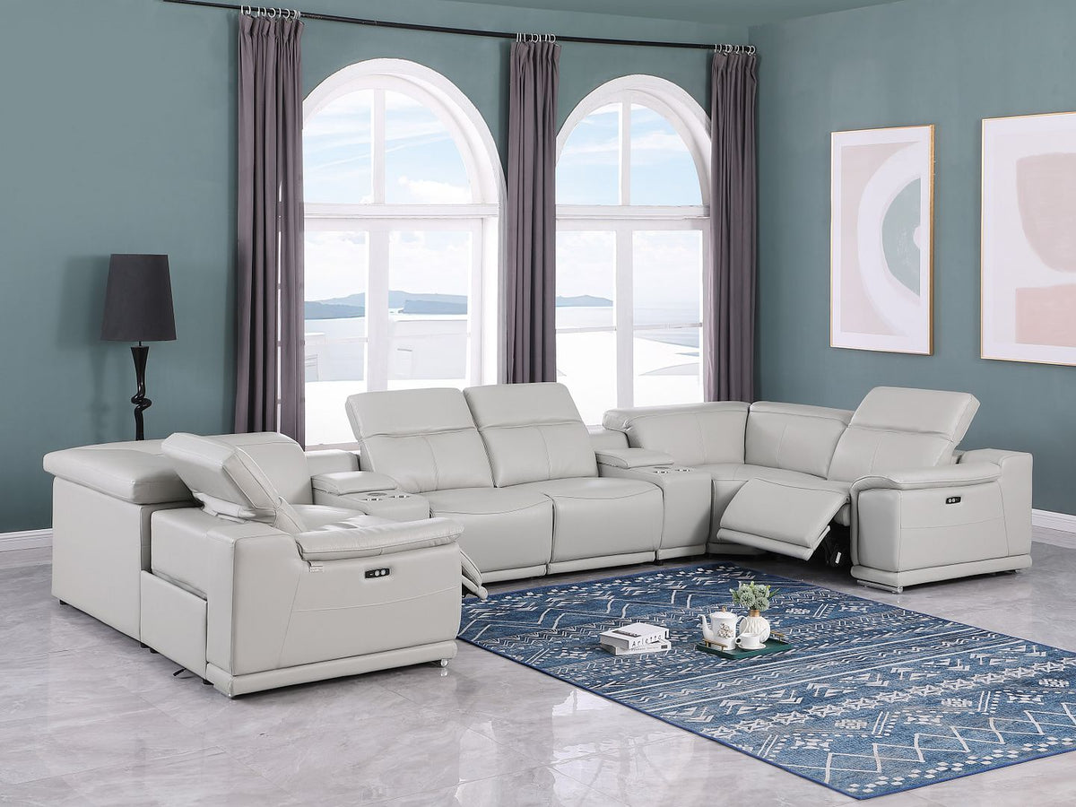 9762 Divanitalia 8-Piece U-Shaped Top Grain Italian Leather Sectional Sofa with 2 Power Recliners - Light Grey - SKU 9762-LT-GREY-8PC-2PWR-U-SECTIONAL-GROUP