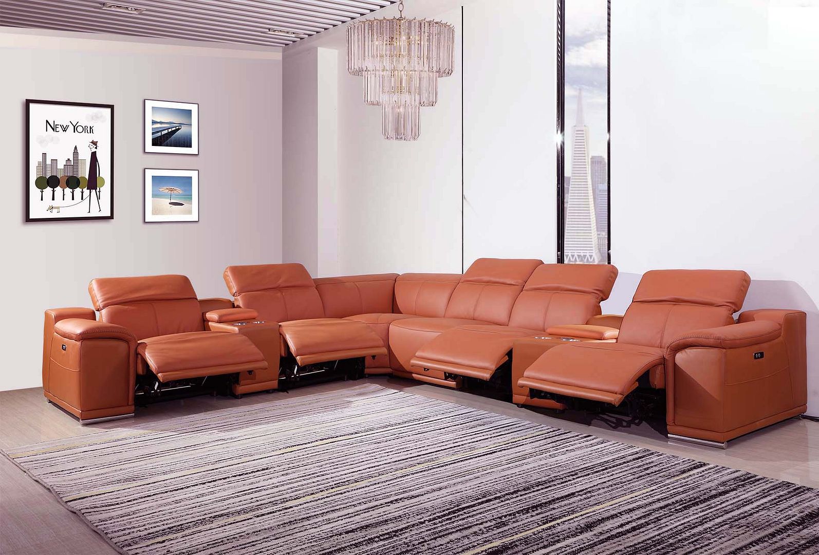 9762 Divanitalia 8-Piece L-Shaped Top Grain Italian Leather Sectional Sofa with 4 Power Recliners - Camel