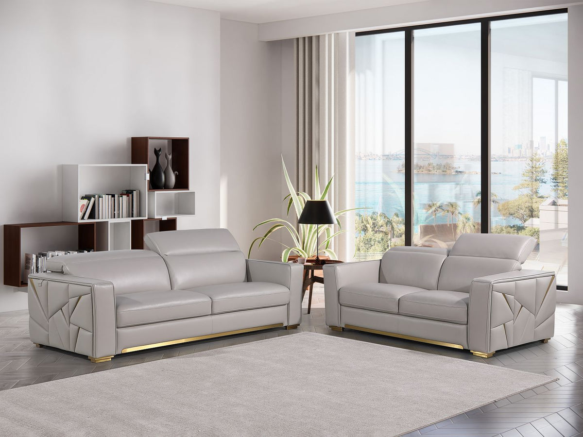 1120 Divanitalia 2-Piece Sofa Set with Adjustable Headrest in Top-grain Italian Leather - Light Grey - SKU 1120-LT-GREY-2PC