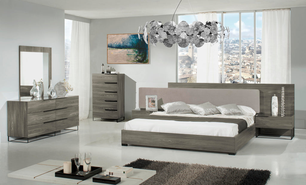 Enzo Italian Modern Grey Oak & Fabric 4-Piece Bedroom Set - Piece Bedroom Set