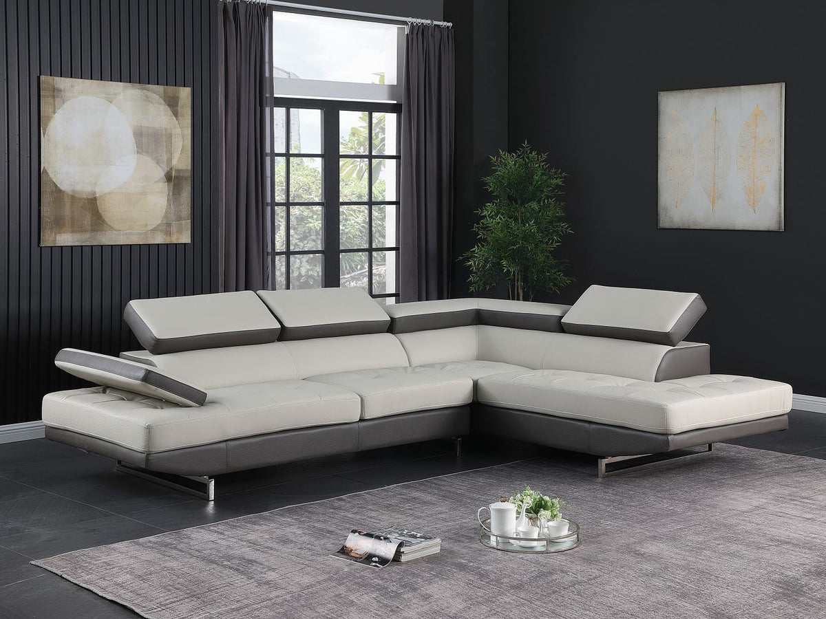 8136 Right Arm Facing Chaise with Adjustable Headrest in Genuine Leather - Grey - SKU 8136-Sectional-RAF-CHAISE-GRAY-TwoTone