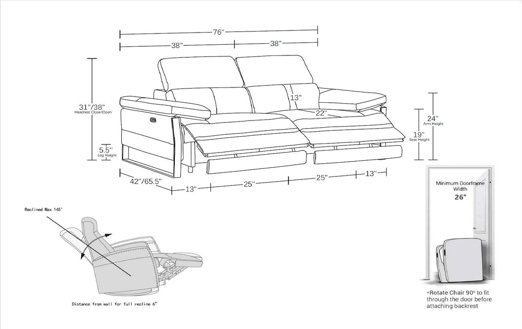 1246 Divanitalia Top Grain Italian Leather Loveseat with Power Headrest