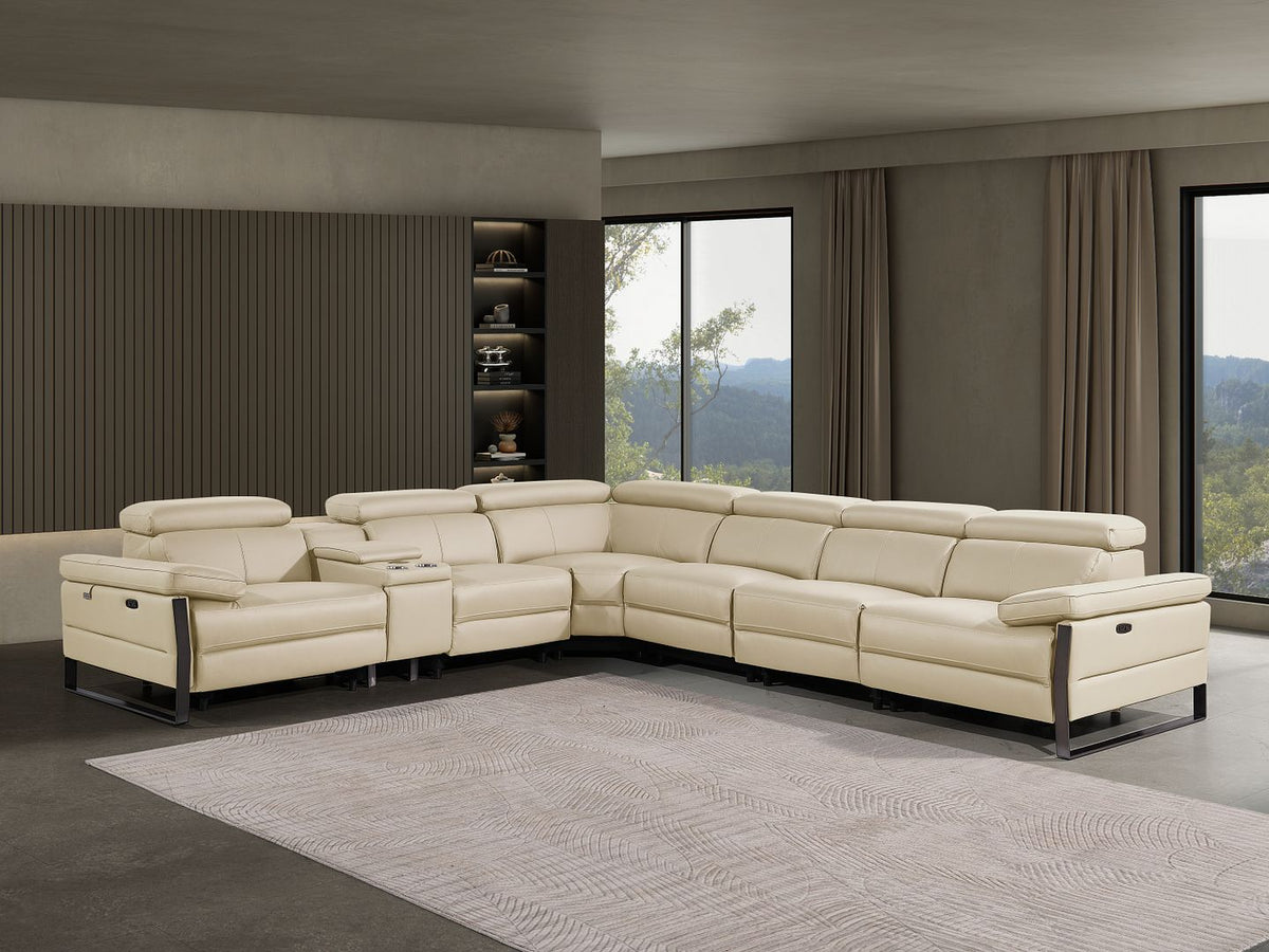 1246 Divanitalia 7-Piece L-Shaped Modular Power Reclining Sectional Sofa with 3 Power Recliners and Power Headrests - Top Grain Italian Leather - Beige - SKU 1246-BEIGE-7PC-3PWR-SECTIONAL